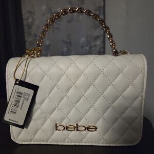 Bebe White Quilted Mini Bag with Gold Accents